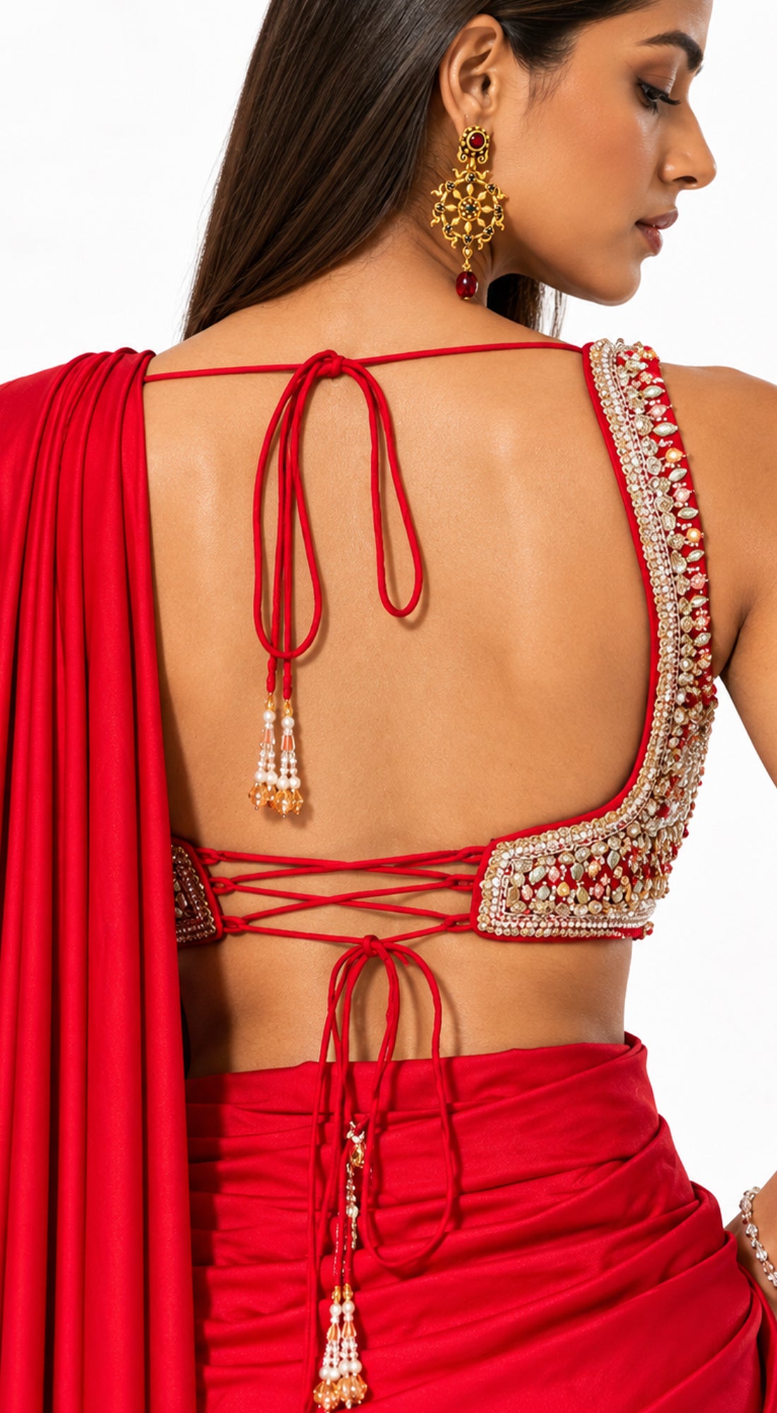 RED EMBROIDERED DRAPED RUFFLE SAREE - PRR-4044-RED - image 3