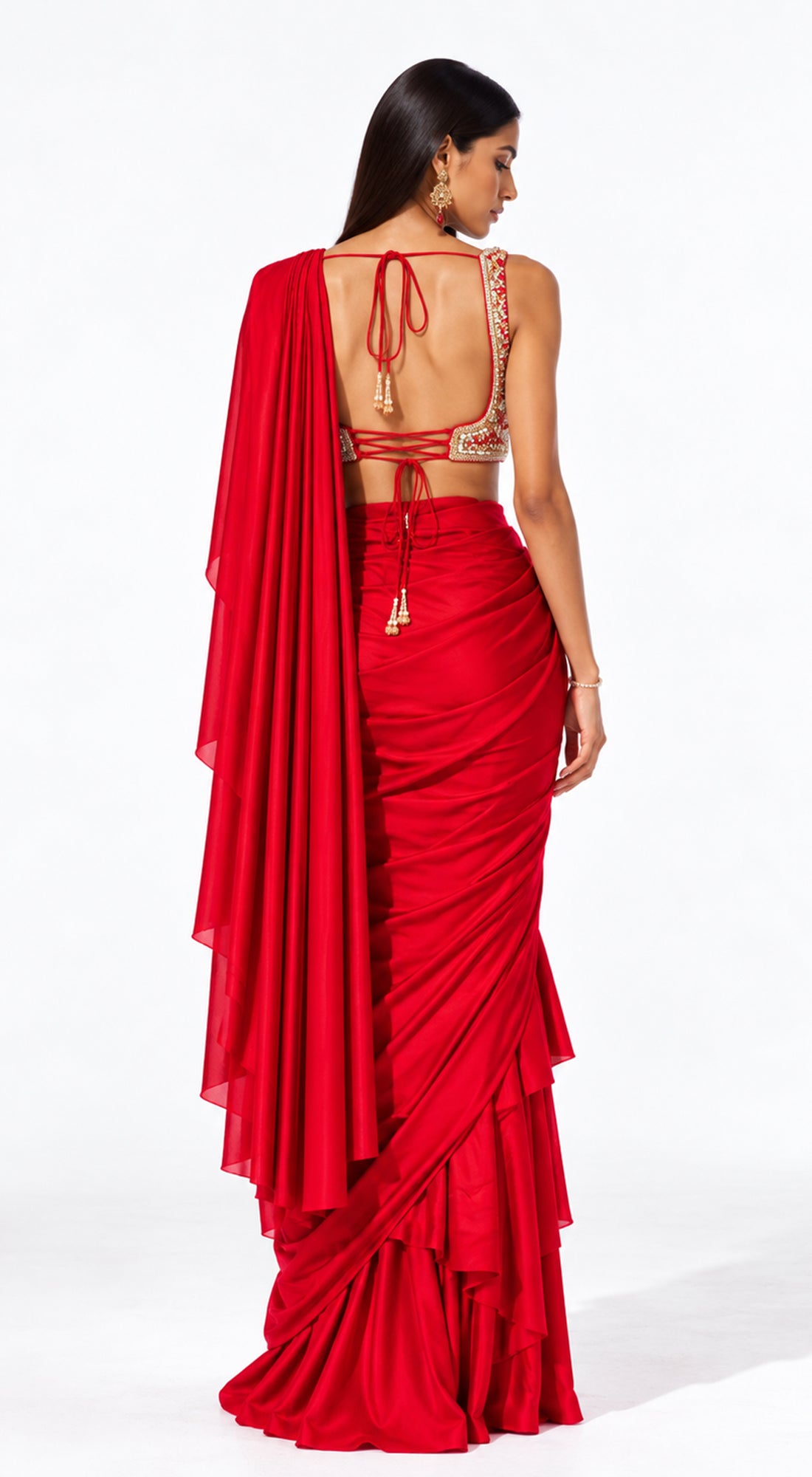 RED EMBROIDERED DRAPED RUFFLE SAREE - PRR-4044-RED - image 4