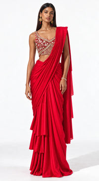 RED EMBROIDERED DRAPED RUFFLE SAREE - PRR-4044-RED - image 1