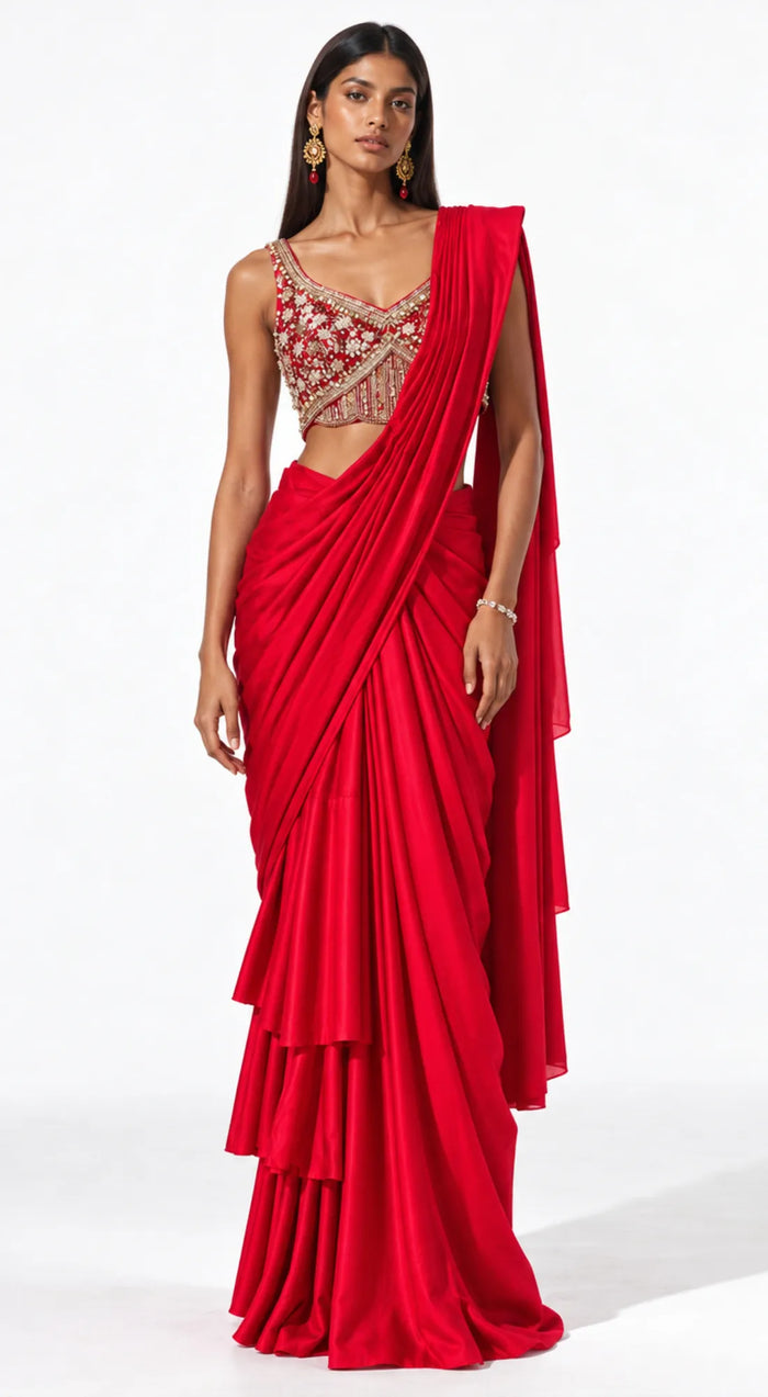 RED EMBROIDERED DRAPED RUFFLE SAREE - PRR-4044-RED - image 1