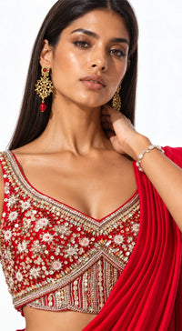 RED EMBROIDERED DRAPED RUFFLE SAREE - PRR-4044-RED - image 2
