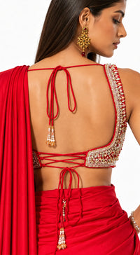RED EMBROIDERED DRAPED RUFFLE SAREE - PRR-4044-RED - image 3