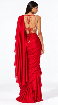 RED EMBROIDERED DRAPED RUFFLE SAREE - PRR-4044-RED - image 4