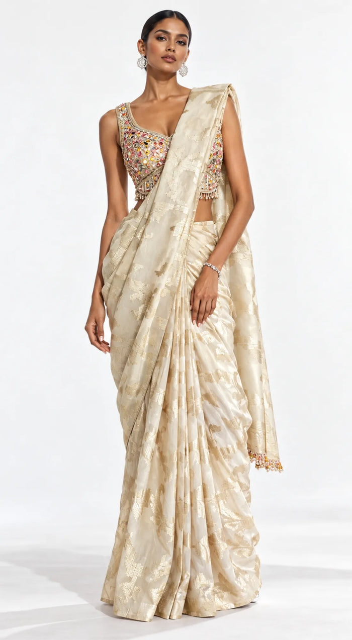 GOLD BANARASI TISSUE EMBROIDERED DRAPED SAREE - PRR-4049-GOLD - image 1