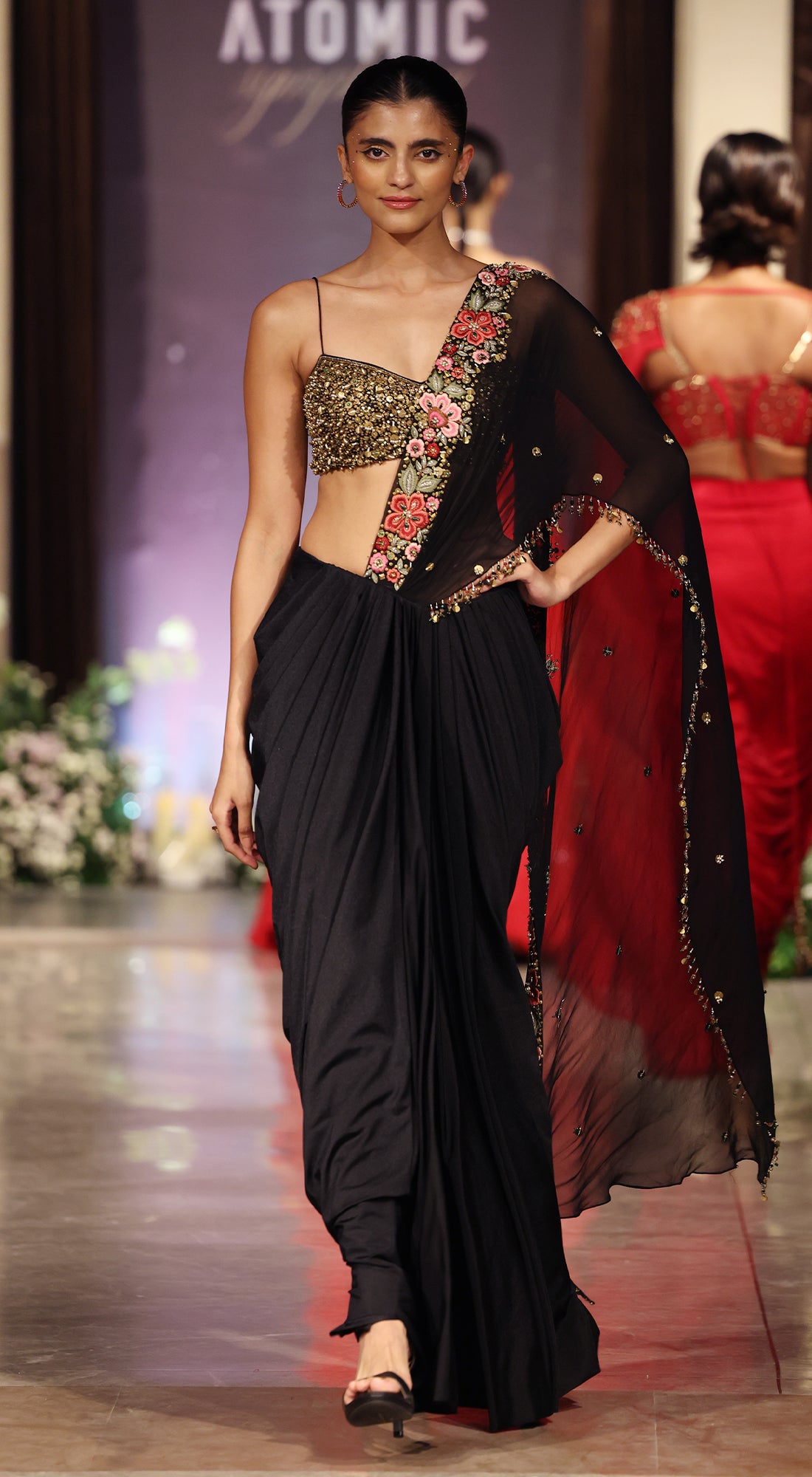 Black Pre-Draped Embroidered Saree