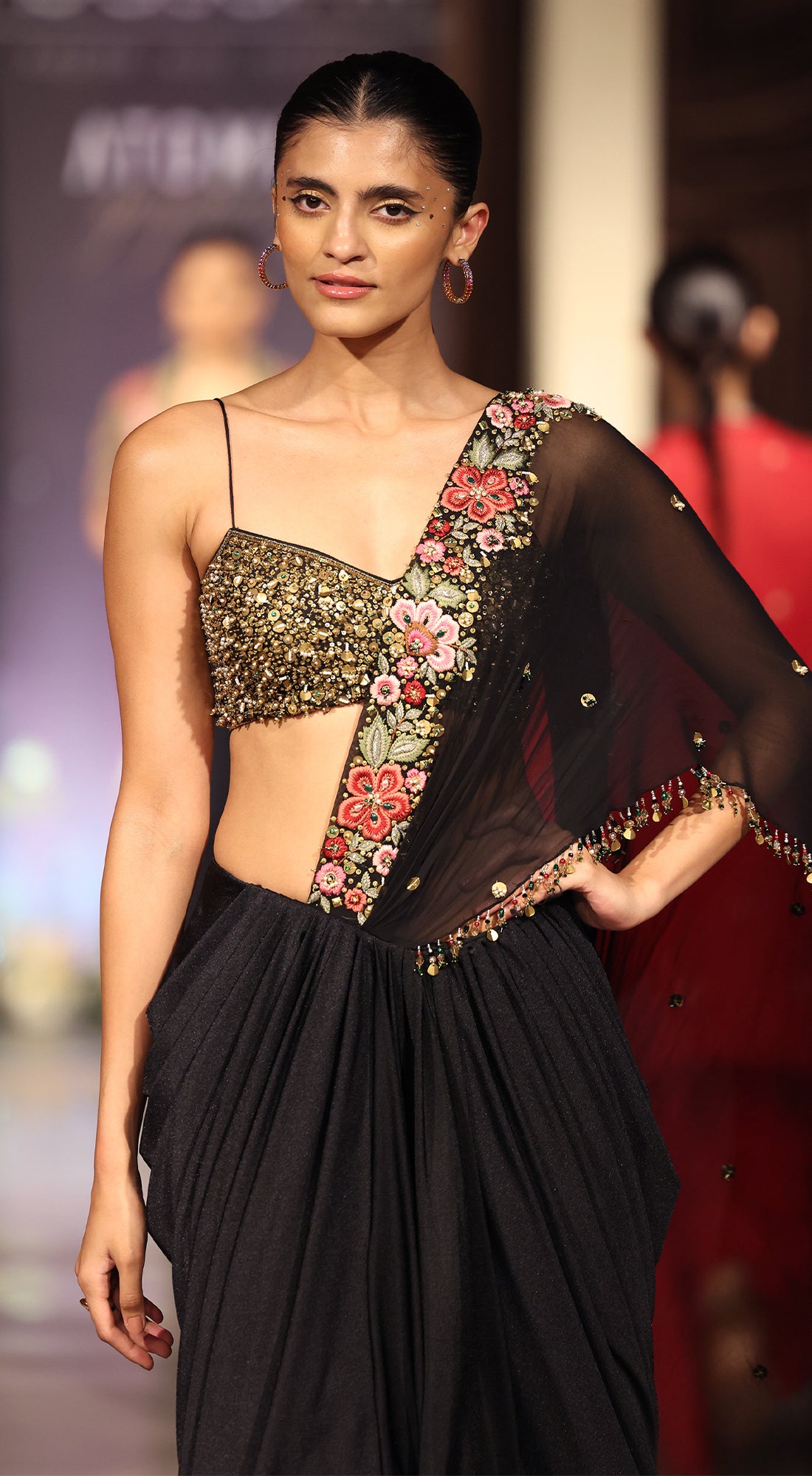 Black Pre-Draped Embroidered Saree