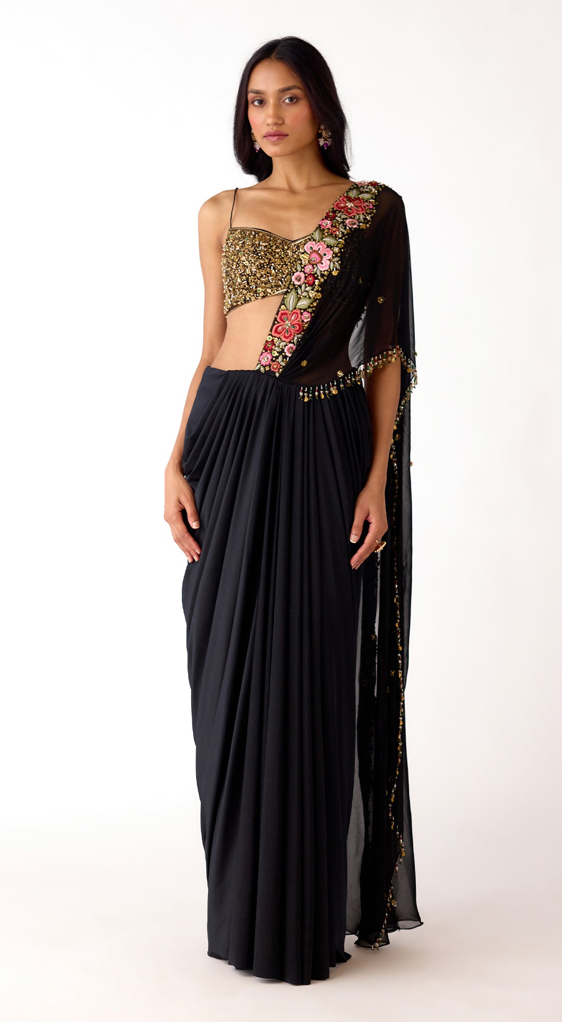 Black Pre-Draped Embroidered Saree