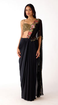 Black Pre-Draped Embroidered Saree