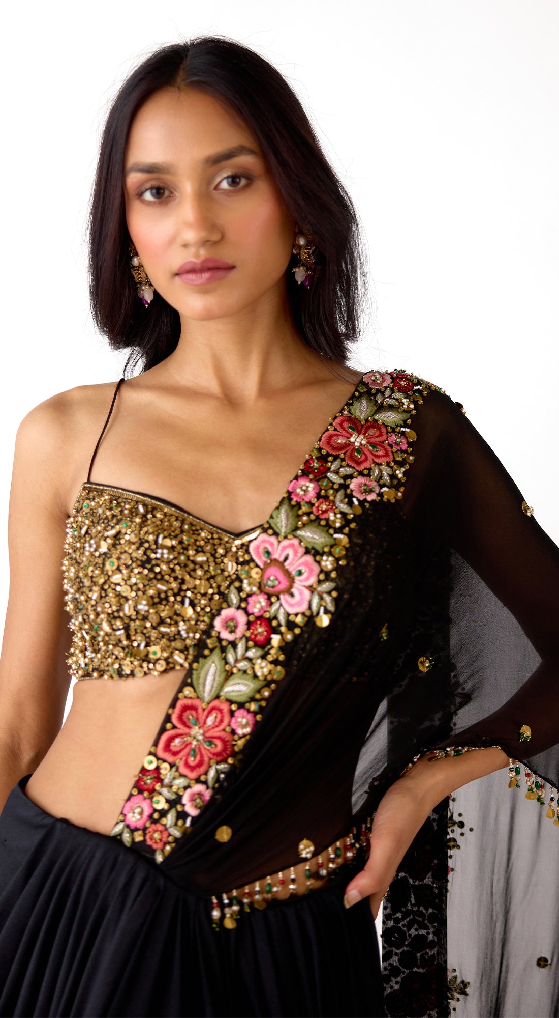 Black Pre-Draped Embroidered Saree