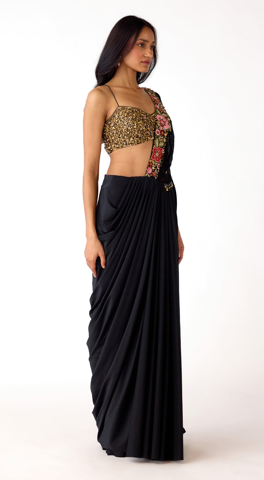 Black Pre-Draped Embroidered Saree