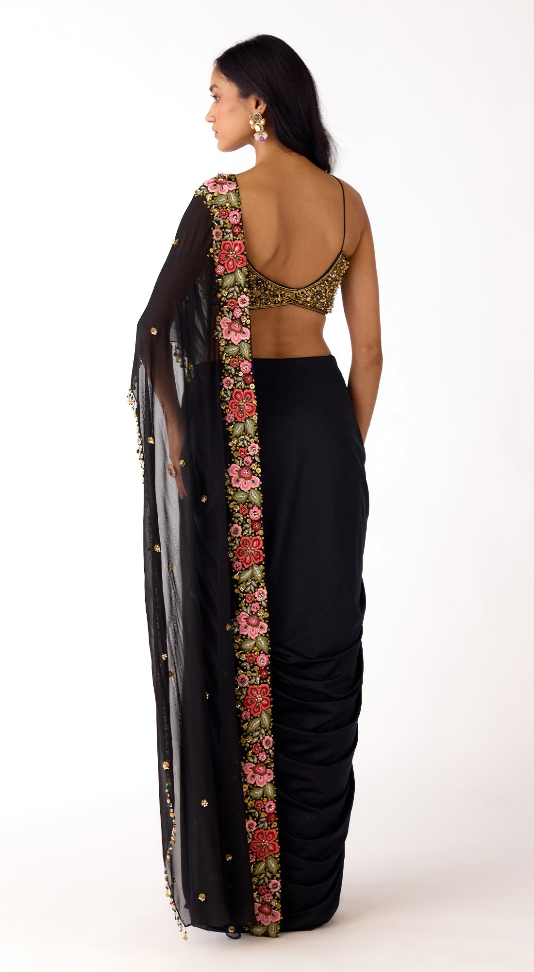 Black Pre-Draped Embroidered Saree