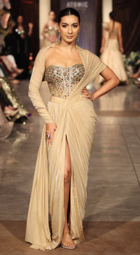 Niki Mehra in Gold Corset Draped Saree