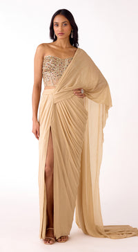 Niki Mehra in Gold Corset Draped Saree