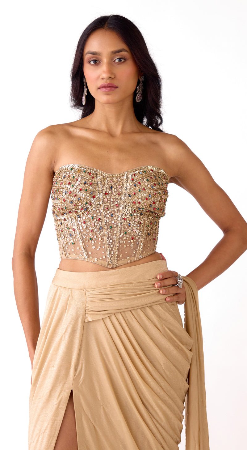 Niki Mehra in Gold Corset Draped Saree