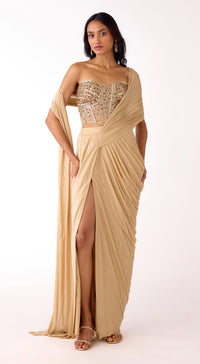 Niki Mehra in Gold Corset Draped Saree