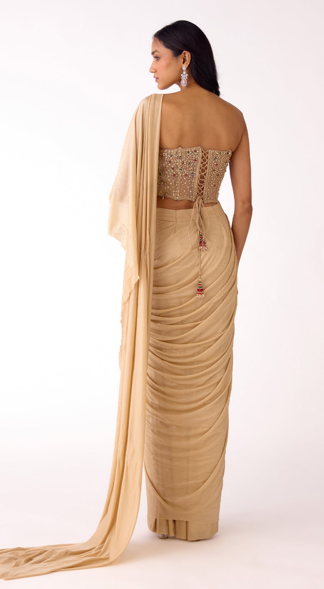 Niki Mehra in Gold Corset Draped Saree