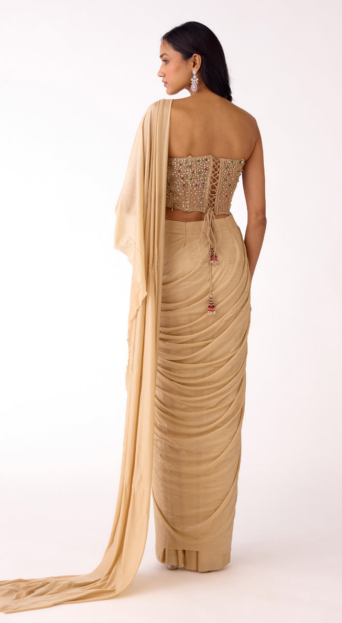 Niki Mehra in Gold Corset Draped Saree