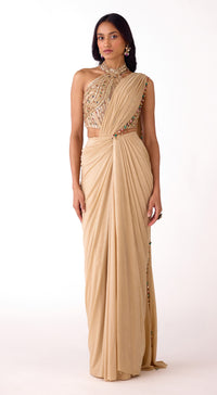 Gold Silk Embroidered Draped Saree