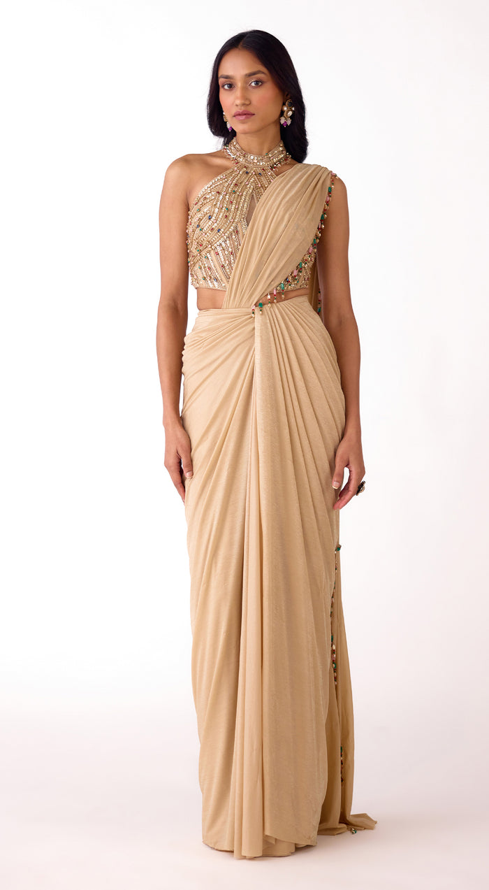 Gold Silk Embroidered Draped Saree