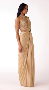 Gold Silk Embroidered Draped Saree