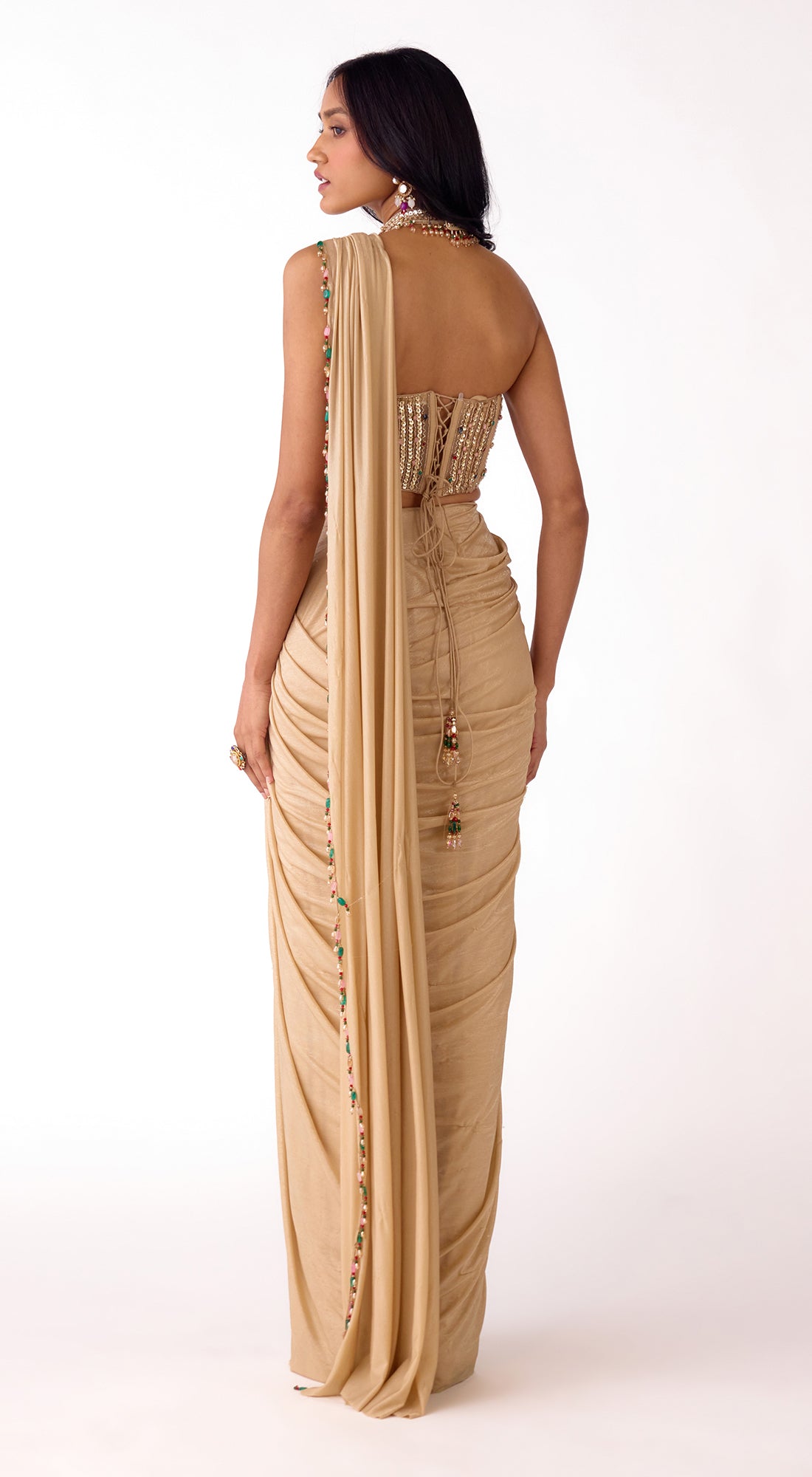 Gold Silk Embroidered Draped Saree