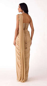 Gold Silk Embroidered Draped Saree