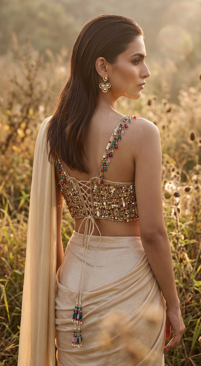 Gold Shimmer Sequins Embroidered Draped Saree
