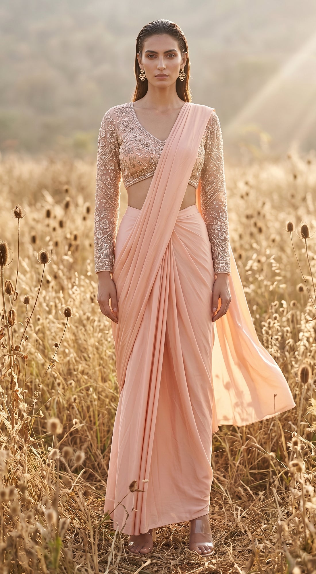 Peach Sequins Embroidered Draped Saree