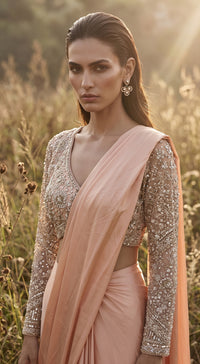 Peach Sequins Embroidered Draped Saree