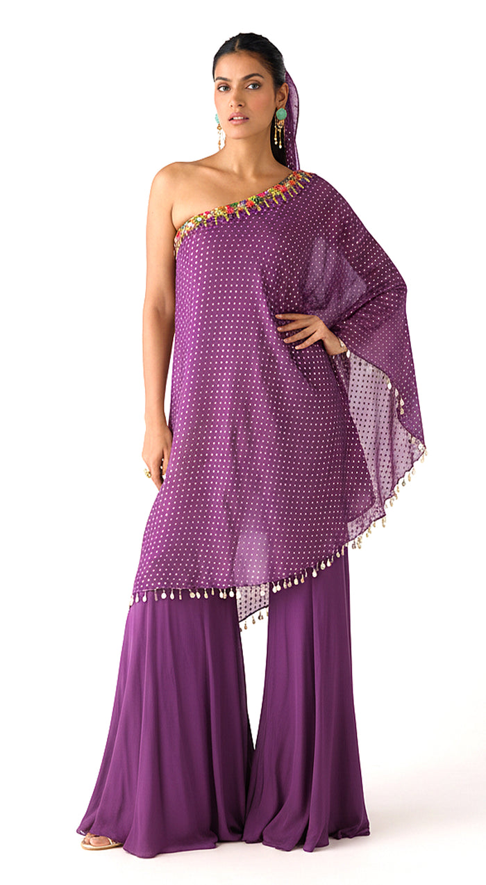 Purple Chinon Embroidered Sharara Set