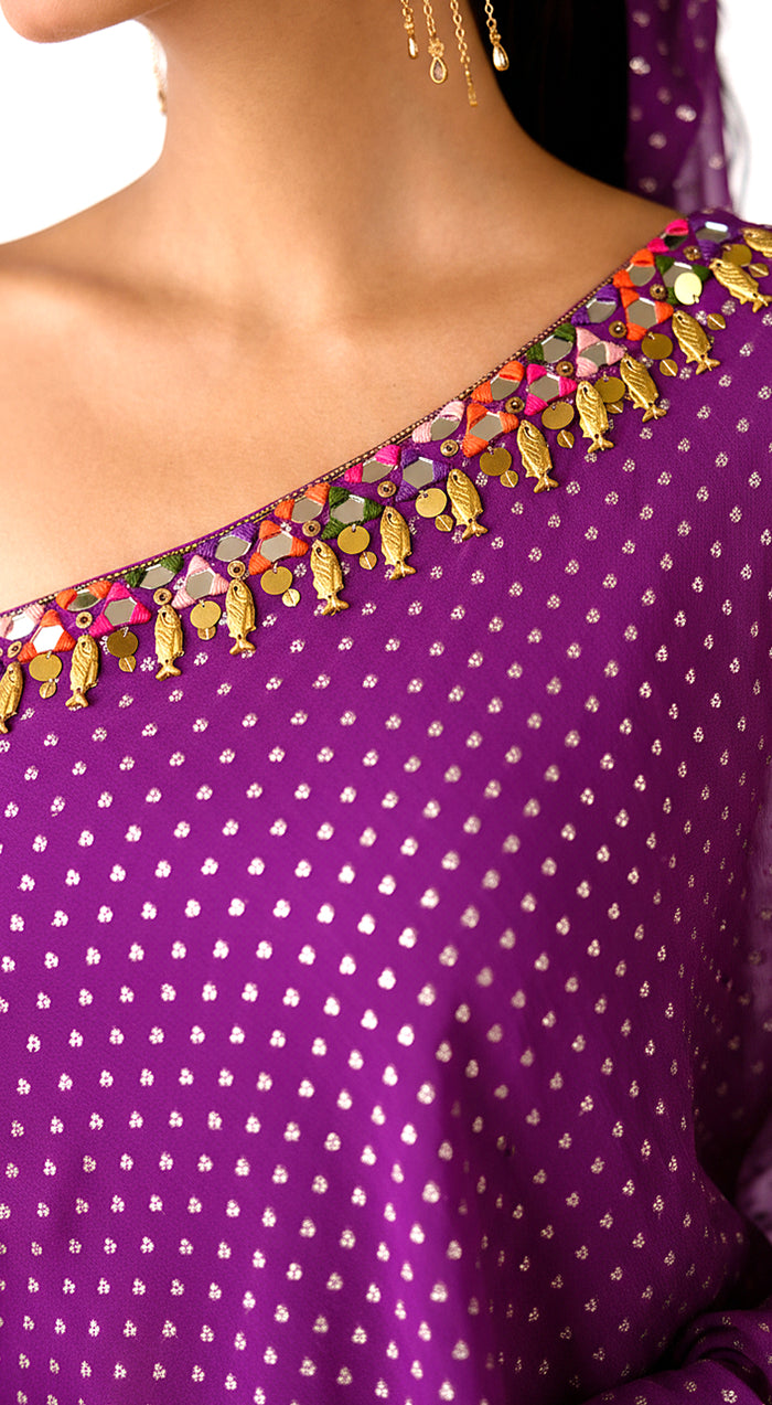 Purple Chinon Embroidered Sharara Set