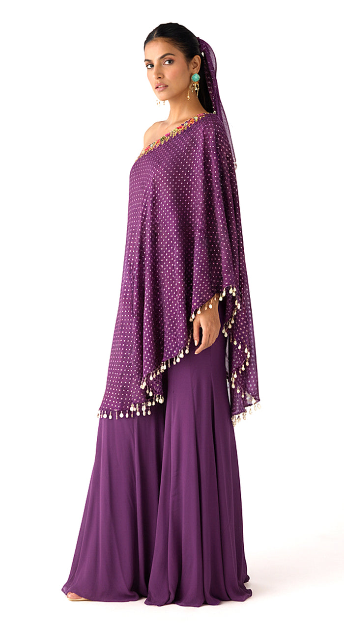 Purple Chinon Embroidered Sharara Set