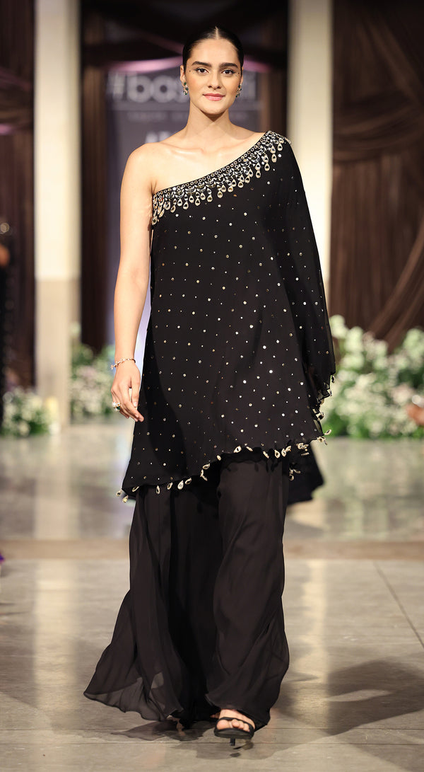 Black Mukaish Georgette Sharara Set
