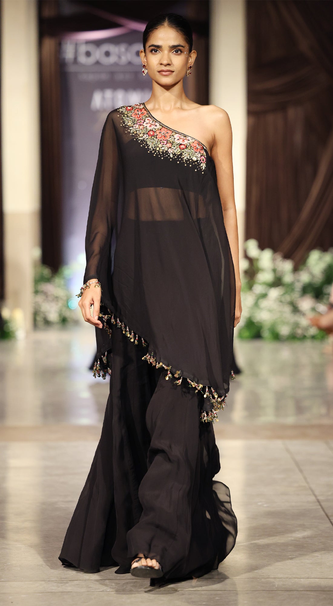 Black Viscose Organza Embroidered Cape Set