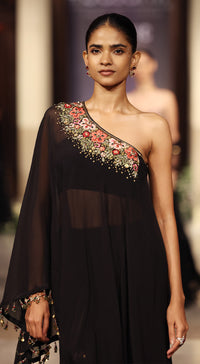 Black Viscose Organza Embroidered Cape Set