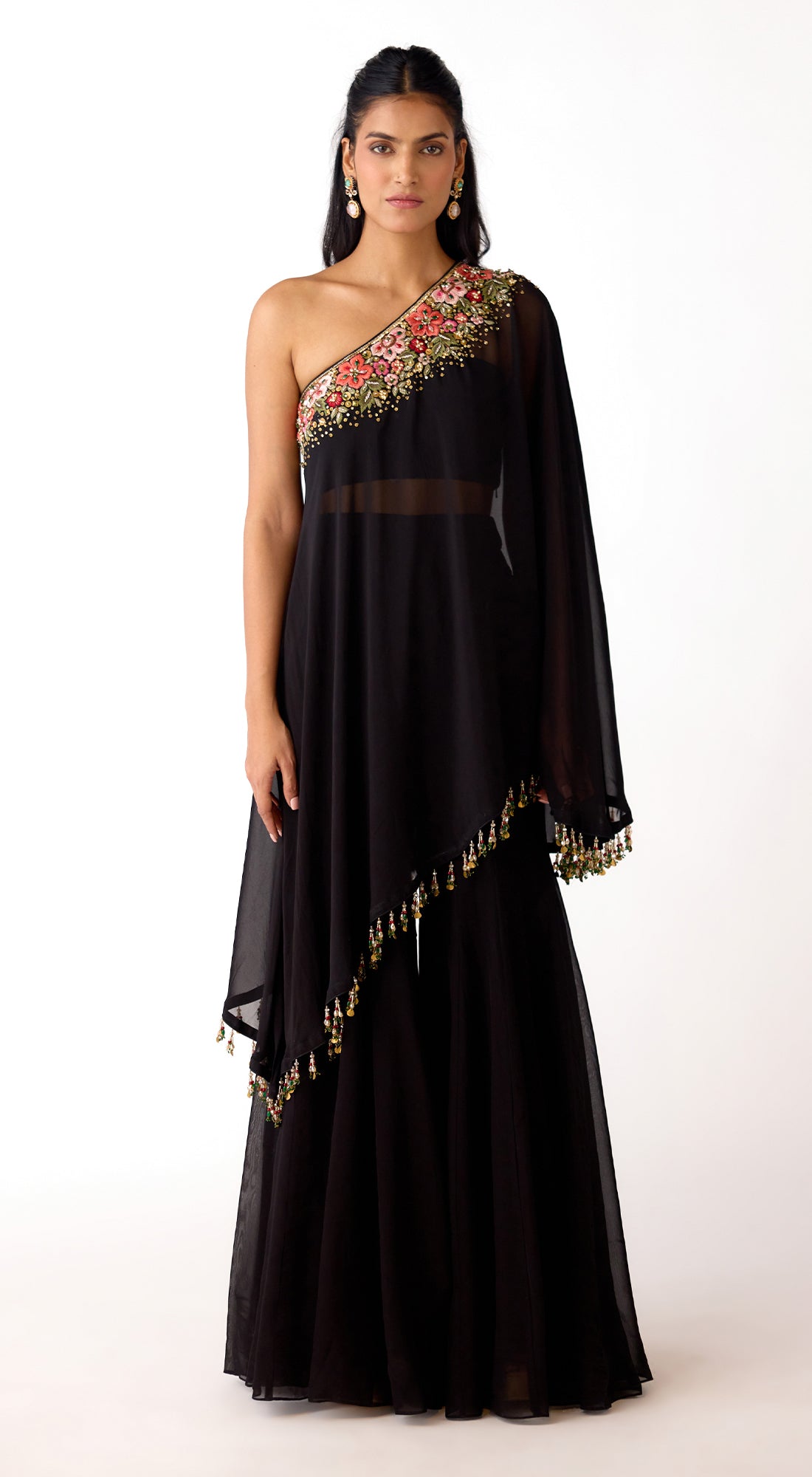 Black Viscose Organza Embroidered Cape Set