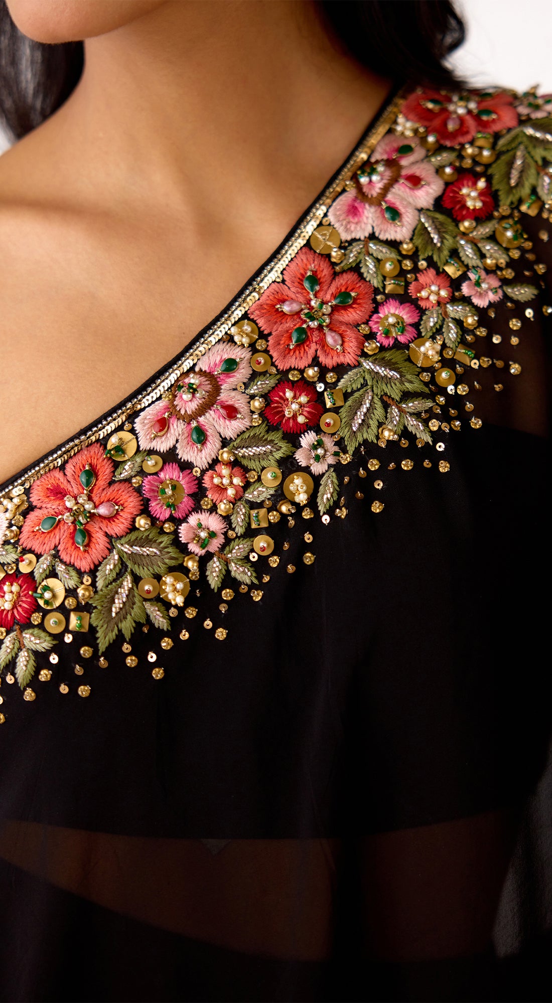 Black Viscose Organza Embroidered Cape Set