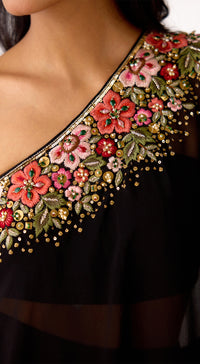 Black Viscose Organza Embroidered Cape Set