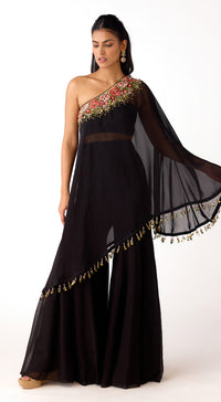 Black Viscose Organza Embroidered Cape Set