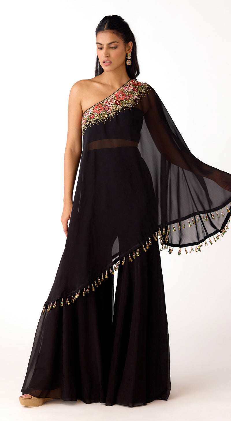 Black Viscose Organza Embroidered Cape Set