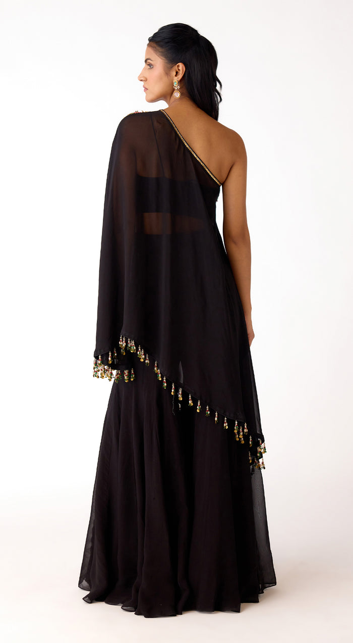 Black Viscose Organza Embroidered Cape Set