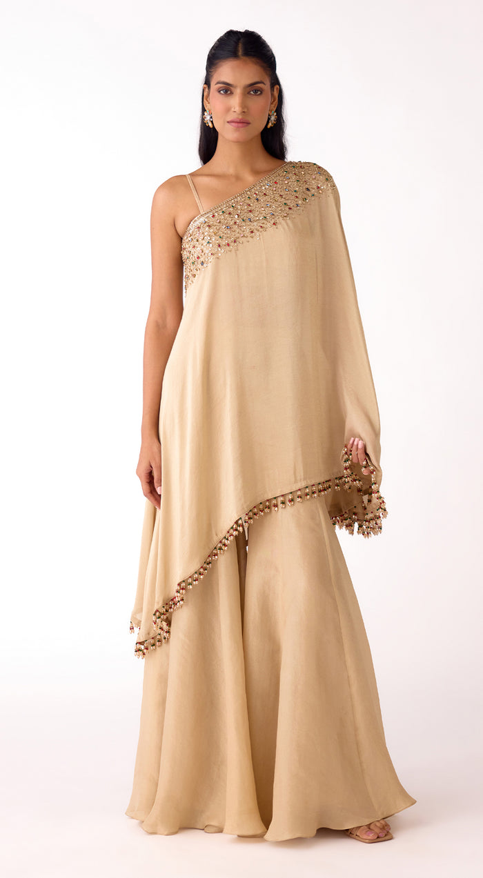Gold SIlk Embroidered Asymmetric Sharara Set