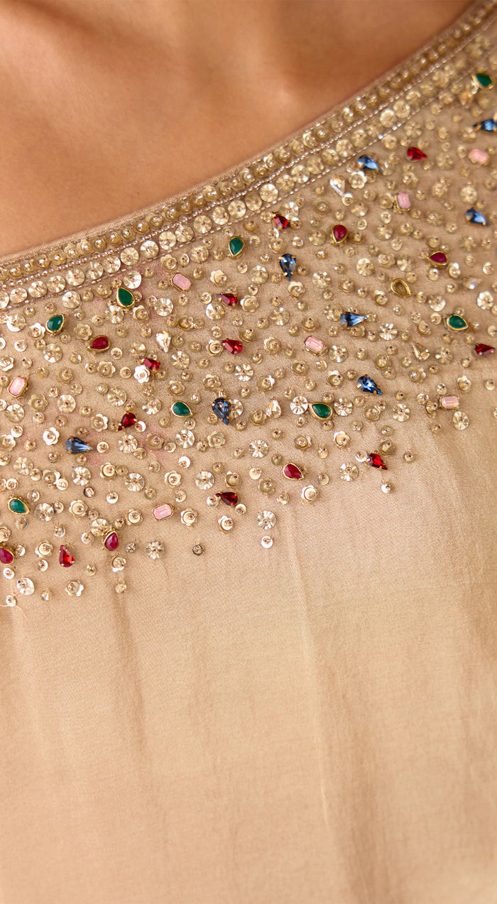 Gold SIlk Embroidered Asymmetric Sharara Set