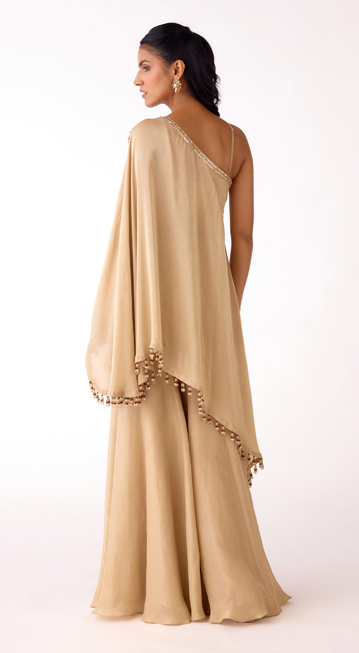 Gold SIlk Embroidered Asymmetric Sharara Set
