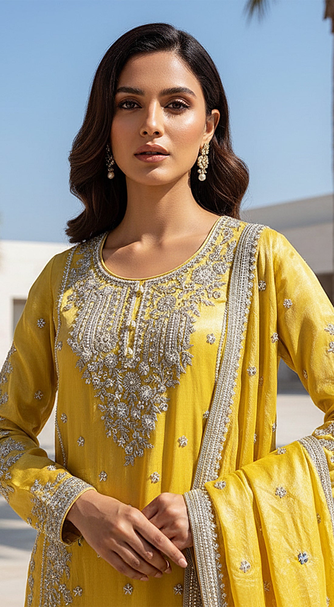 Yellow Tissue Embroidered Sharara Set