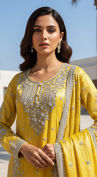 Yellow Tissue Embroidered Sharara Set