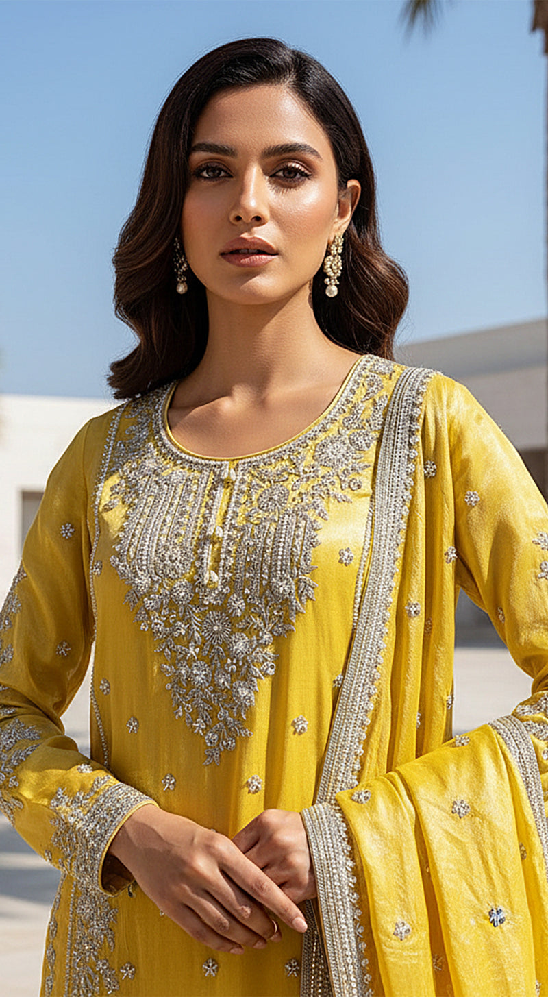 Yellow Tissue Embroidered Sharara Set