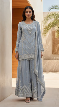 Blue Tissue Embroidered Sharara Set