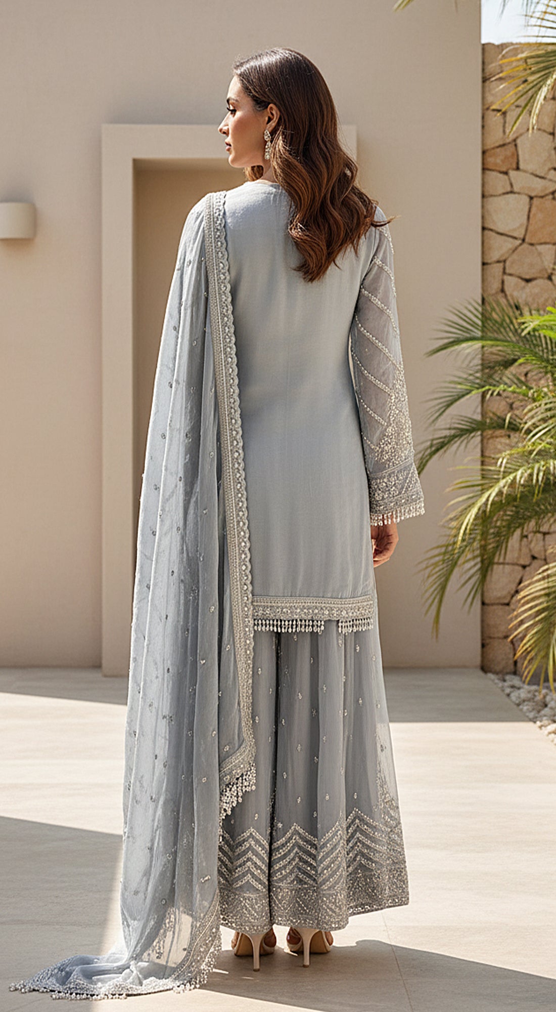 Blue Tissue Embroidered Sharara Set