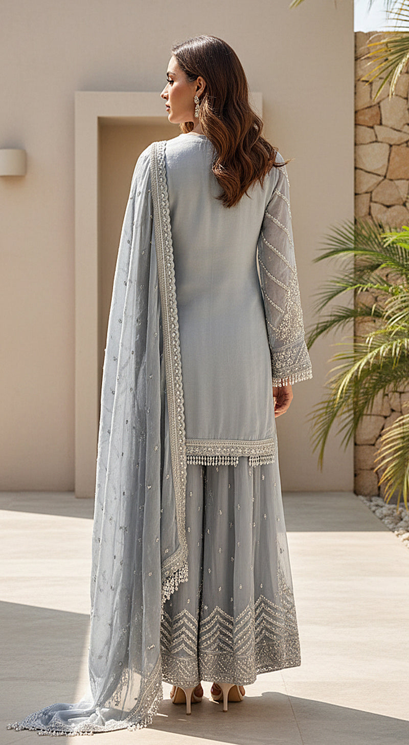 Blue Tissue Embroidered Sharara Set